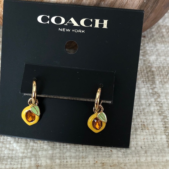 Coach Gold Tone Huggie Hoop Earrings Lemon Charm & Crystal Accent NWT - Picture 7 of 16